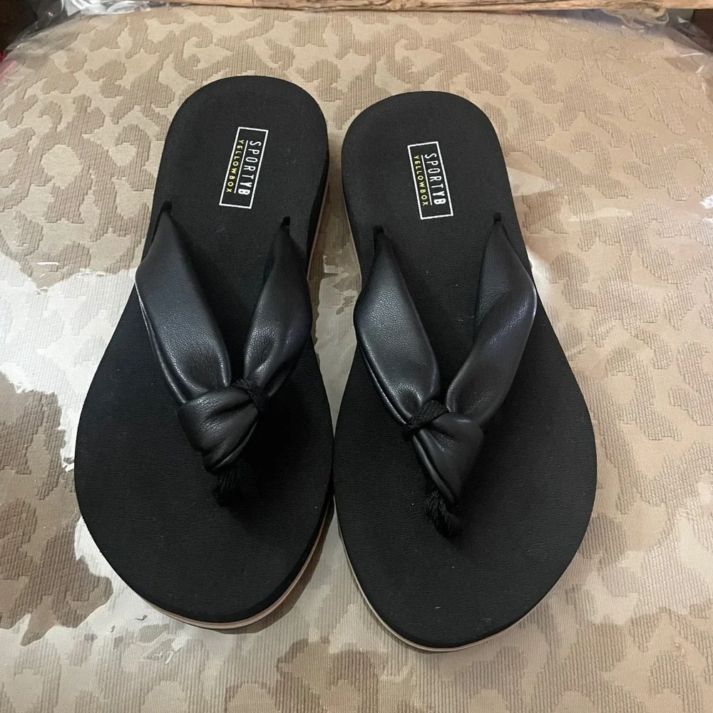 Sporty B Yellow Box Black Platform Flip Flop Sandals Knot Strap Thong Slides 8 - Picture 1 of 5